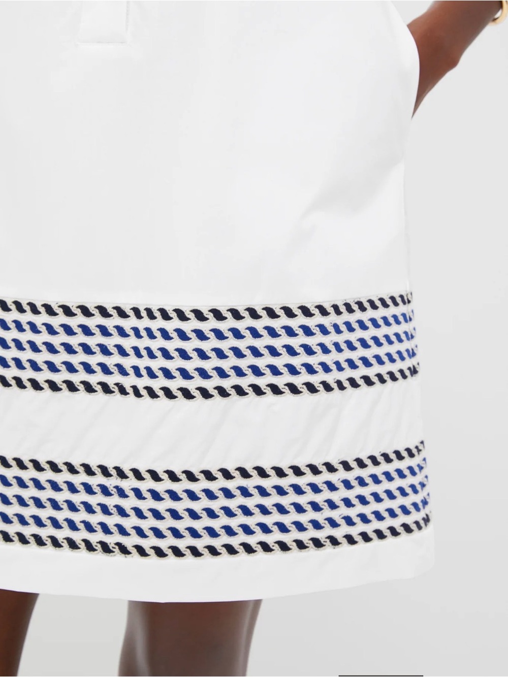White Sleeveless Collared Shift Dress with Navy Embroidered Stripes - Tuckernucj - Picture 3 of 7